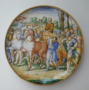 Antique 19th Century Italian Majolica Plate 11" Plate w Chariot Biblical Scene - Bild 1 von 9