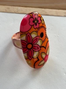 Vintage Floral Resin Statement Ring Size 9 With Pink & Orange Bohemian Design - Picture 1 of 9