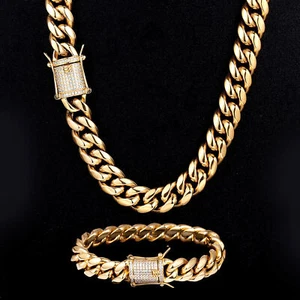 Miami Cuban Link Bracelet Chain Set 18k Gold Plated Stainless Steel Via CZ Clasp - Picture 1 of 10