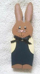 Wooden Hand Painted Handmade Shelf Décor ~Boy Bunny ~ Blue Outfit with Black Bow - Picture 1 of 4