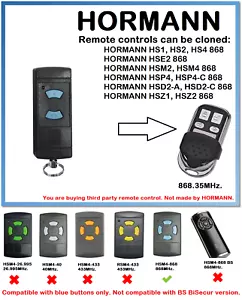 Garage Gate Remote control duplicator fob for HORMANN/GARADOR HSE2 868 868.35MHz - Picture 1 of 10