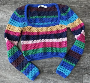 Maglione Zara donna piccolo multicolore a righe maglia uncinetto pullover boho retrò - Foto 1 di 6