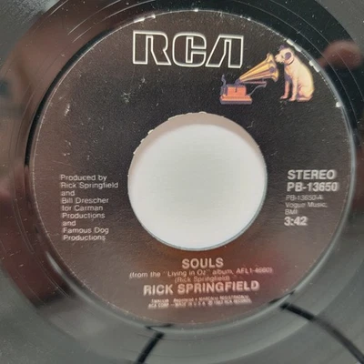 Rick Springfield Souls 7" 45rpm M- Vinyl 80's Record free sleeve - Image 1 of 2