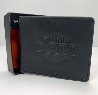 HARLEY DAVIDSON Men's Wallet Bi-Fold 100% Cow Leather Logo RFID Biker Black NEW - Image 1 of 4