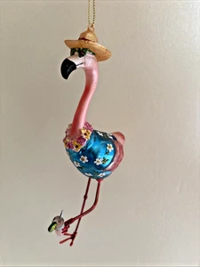 Pink Flamingo Glass Christmas Ornament Funny Tropical Bird 7” Drink Tropical - Picture 1 of 9
