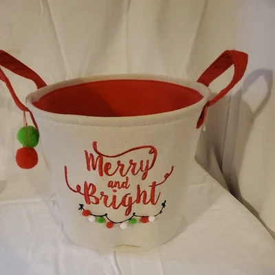  Холщовая рождественская подарочная сумка/сумка с короткими ручками красные войлочные ручки «веселые и яркие» помпоны - Изображение 1 из 4