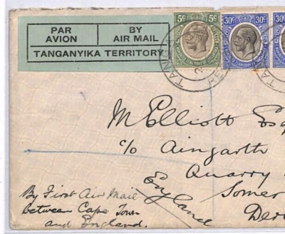 TANGANYIKA KUT Air Cover FIRST FLIGHT Tanga ACCEPTANCE 1932 Capetown-GB YO318 - Image 1 of 4