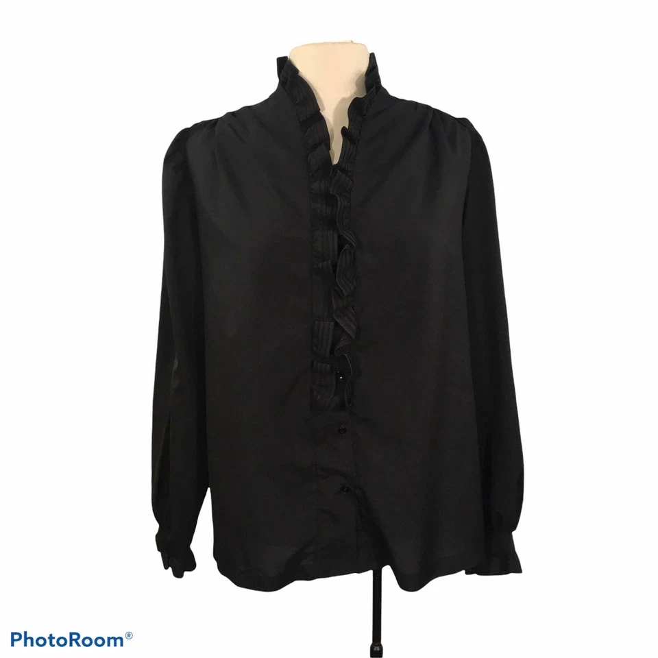 Rhoda Lee RL Vintage 70's Black Victorian Style Blouse, Ruffle front & Neck, 38 - Image 1 of 4