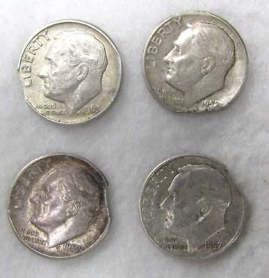 LOT OF 4 SILVER ROOSEVELT DIMES ALL CLIPPED PLANCHET - Image 1 of 4