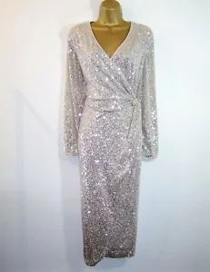 H&M BEAUTIFUL SILVER SEQUIN WRAP FRONT MIDI EVENING PARTY DRESS SIZE 12 14 NEW - Picture 1 of 3