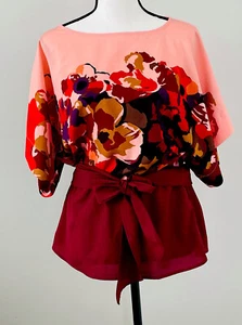 Ladies Blouse New York & Company Floral Short Sl Front Tie Peplum Pullover XS - Picture 1 of 10