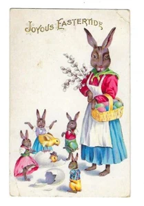 Cartolina Pasqua Stecher 1915 mamma coniglio e i suoi coniglietti - in rilievo - Foto 1 di 2