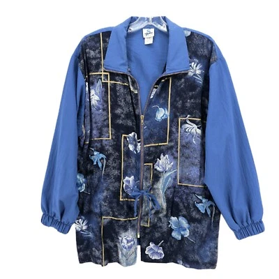 VINTAGE Sport Savvy Blue Floral Windbreaker Shell Jacket Drawstring PETITE LARGE - Image 1 of 4