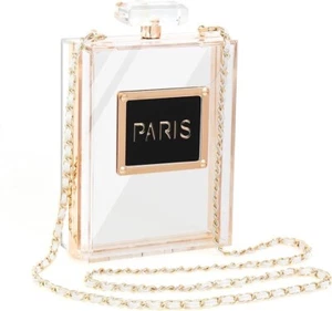 Borsa a tracolla bottiglia profumo PARIGI $95 NUOVA acrilica trasparente pochette REGALO DIVERTENTE! - Foto 1 di 10