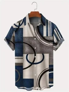 Plus Size Men Shirt Blue Gray Geometric Graphic Big & Tall Button Up Shirt - Picture 1 of 3