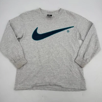 Vintage 90's Nike Long Sleeve T-Shirt Gray Swoosh USA Made Retro Tee Mariners - Image 1 of 4