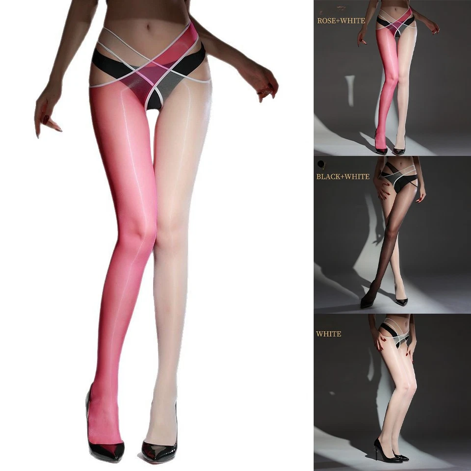 Unique Cross Waist Stockings Ultra Sheer Oily Shiny Pantyhose Crotchless Tights - Image 1 of 4