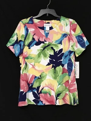 Top manga corta Alfred Dunner S colorido estampado de hojas con cuentas escote muesca Foto 1 de 4