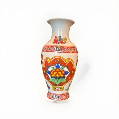 Jarrón ramo de flores de porcelana taiwanesa pintado a mano pájaros rojo azul dorado Foto 1 de 3