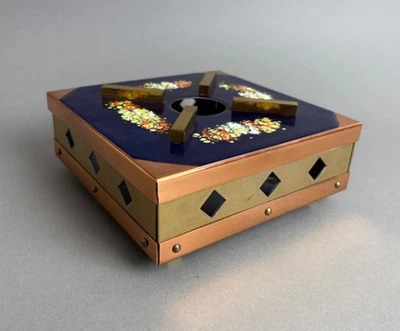 Vintage Stövchen Rechaud Emaille Kupfer Messing 60er Blau Gold Mid Century TOP - Bild 1 von 4