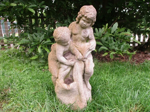 STUNNING LARGE VERY WEATHERED VINTAGE CEMENT/CONCRETE PUTTI FOUNTAIN 23" TALL Cover