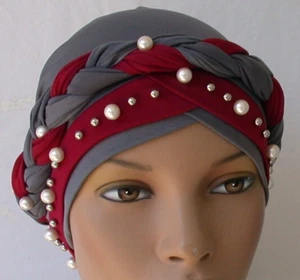 Instant Turban Grey & Burgundy Trendy Chemo Cap Braided Hijab Headcover - Picture 1 of 3