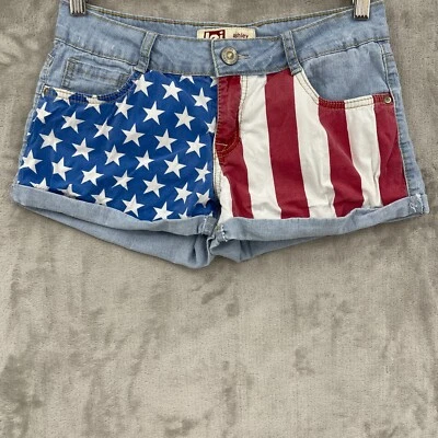 L.e.i. Junior's 7 US American Flag Print Low Rise Denim Cuffed Shorts Retro Y2K - Image 1 of 4