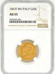 1863 T BN Italy Gold 20 Lire NGC AU 55 KM# 10.1 GOLD COIN BULLION - Picture 1 of 2
