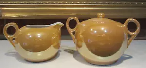 Irisierende Pfirsich Glanz Vintage Sahne und Zuckerdose mit Deckel Set Made in Japan - Bild 1 von 20