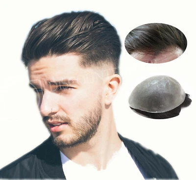 Mens Toupee Hair Replacement Hairpiece V-Loop Super Thin Skin Human Hair Systems - Image 1 of 4