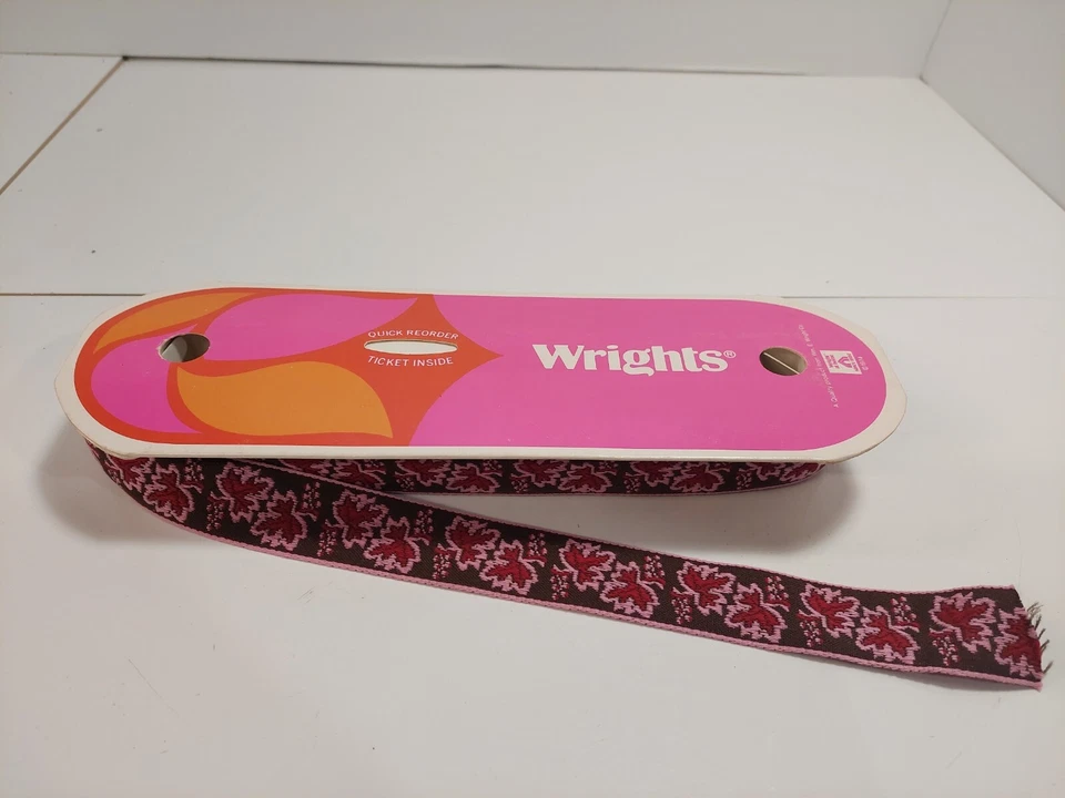 Cinta tejida jacquard vintage Wrights rosa granate y marrón hoja de arce 9 yardas Foto 1 de 4