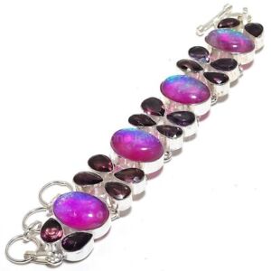 Pink Triplet Fire Opal Chain Bracelet Handcrafted Silver Plated Designer 7.5"