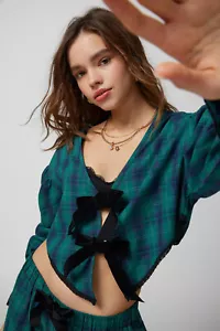 Out From Under Charlotte Bow Blouse Urban Outfitters Check V Neck Top S NEW - Picture 1 of 3