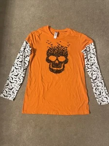 Halloween Orange Skull T-Shirt Glitter Bats Long Sleeve Junior Girls Size XL - Picture 1 of 14