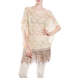 Ryu loose knit poncho style sweater top with lace beige - Picture 1 of 6