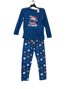 Beezizac Girls Pajama Set Christmas Cat  Size 18 Blue Long Sleeve Holiday Print - Picture 1 of 17