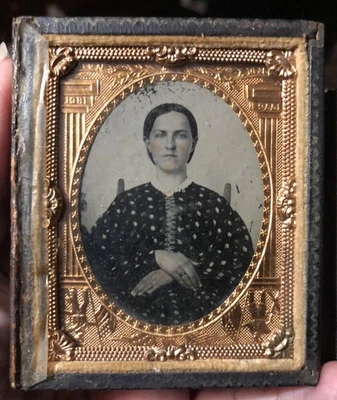 1:9 Plate Ambrotype or Tintype of Civil War Era WIDOW in Patriotic ARMY NAVY Mat - Image 1 of 4