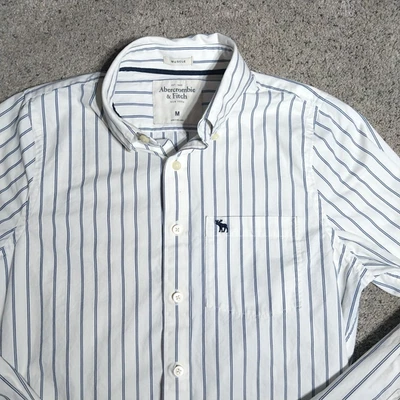 Abercrombie & Fitch Muscle Shirt Medium Long Sleeve Button Down White Blue Strip - Image 1 of 4
