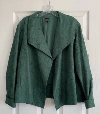 Eileen Fisher Blazer Womens L Green Silk Crinkled Textured Open Jacket Career - Image 1 of 4