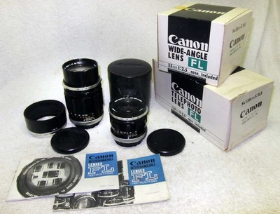 DOS LENTES de cámara Canon FL MF SLR vintage años 60. 135 mm y 35 mm f/2,5 con cajas Foto 1 de 4