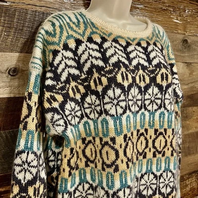 Suéter tejido a mano de lana nórdico Fair Isle crema verde azulado patrón geométrico talla L/XL Foto 1 de 4