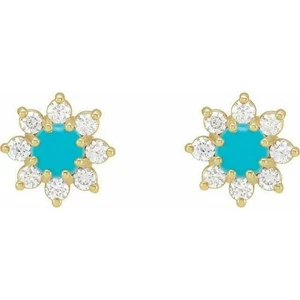 Natural Turquoise and Diamonds Flower Stud Earrings in 14k Yellow Gold D058 - Picture 1 of 3