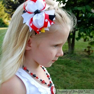 BonEful RTS NEW Girl Disney Red Black Yellow White Dot 4" Mickey Minnie Hair*Bow - Picture 1 of 6