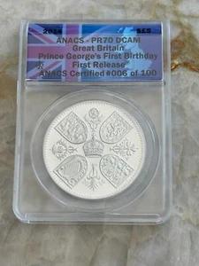 2014 Great Britain Proof 5£ Silver Coin Prince George First BDay ANACS PR70 DCAM - Picture 1 of 2