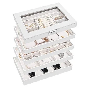 5 Schichten Stapelbar Schmuck Tablett Box, Stapel Schmuck Tabletts für Kommode Weiß - Bild 1 von 7