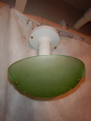 Art Deco Flush Mount Ceiling Light Fixture w Original Green Shade Cover