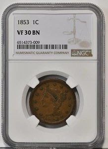 1853 1C (BRAIDED HAIR) Coronet Head Large Cent NGC VF 30 BN Graded Coin 1901 - Picture 1 of 2