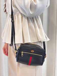 Gucci Web Stripe Black Leather Crossbody Shoulder Bag GG Logo Purse sherry line - Picture 1 of 20