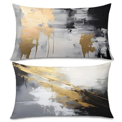 Fundas de Almohada Negras y Doradas, Blanco Abstracto 20" x 12" (Pack de 1) Negro Gris Foto 1 de 4