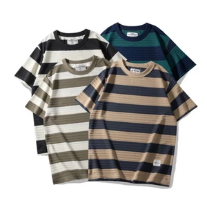 Hot Mens 280G Wide Striped T-Shirt Crew Neck Top Casual Hip Hop Sport Pullover - Picture 1 of 16
